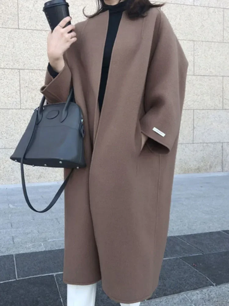Elegant Woolen Coat for Women Streetwear Casual Korean Fashion Jackets Solid Pockets O Neck 2024 New Autumn Winter Coats