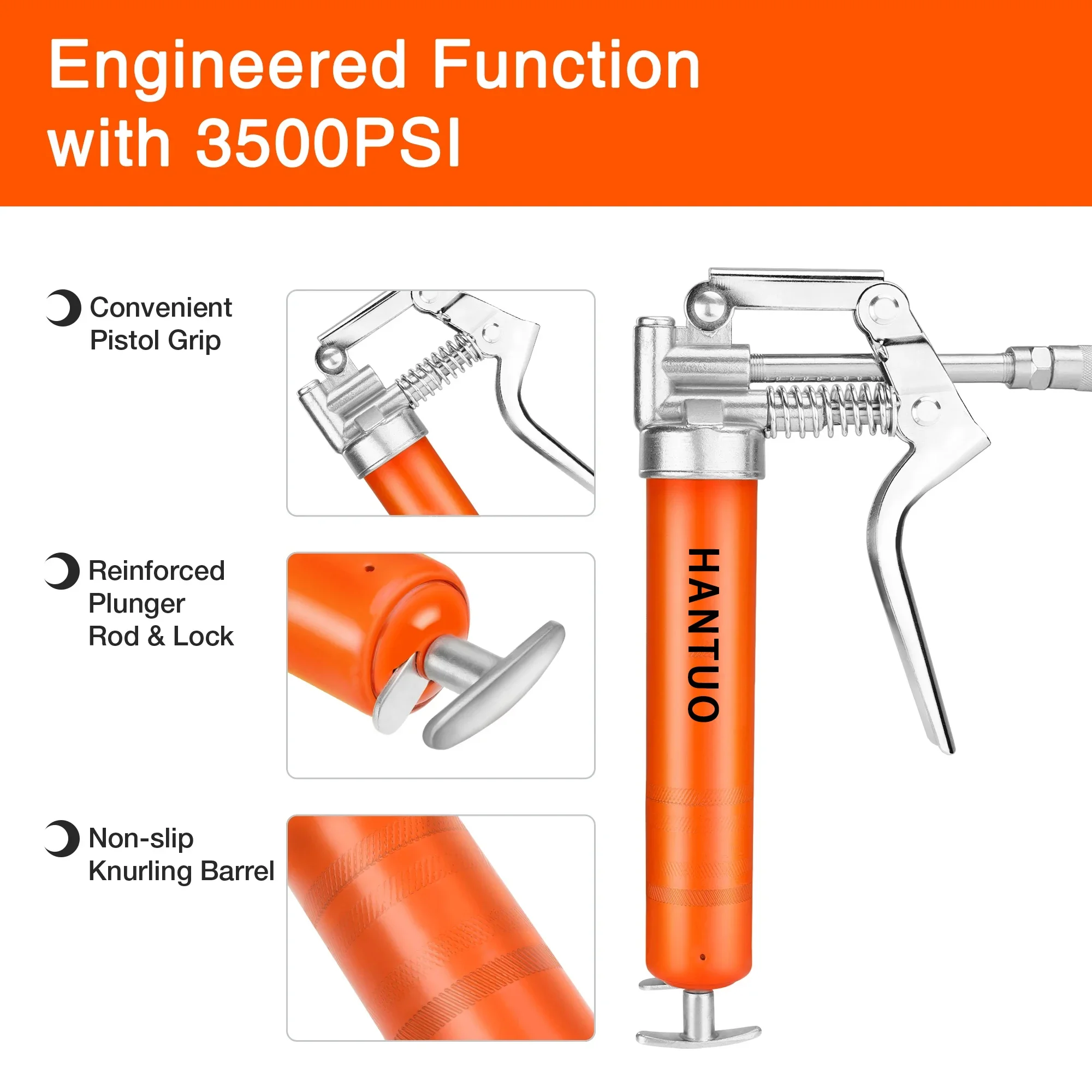 Grease Gun 3000 PSI Pistol Grip 3 oz Load 18Inch Spring Flex Hose 2Grease Couplers 2Extension Rigid Pipes and 1Sharp Type Nozzle