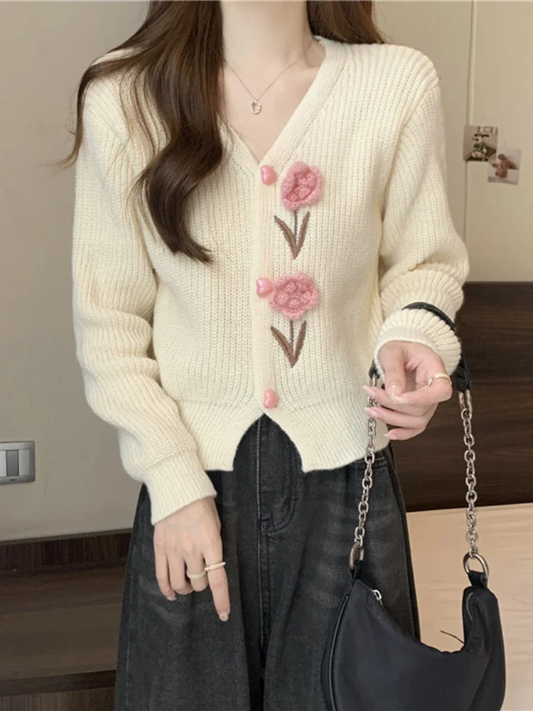 

Женский простой вязаный кардиган с объемными цветами, элегантный однобортный милый свитер в Корейском стиле, Модный женский кардиган с V-образным вырезом, пальто