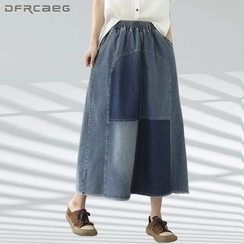 

Vintage Patchwork Summer Denim A-Line Skirts For Women 2023 Elastic Waist Streetwear Loose Retro Blue Jean Saias Longas Female