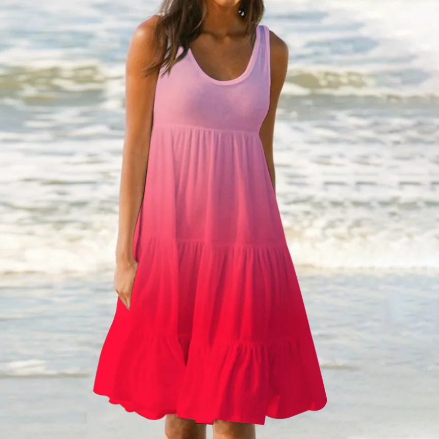 

Women's Holiday Beach Casual Loose Frilly Mini Sundress Sleeveless Crewneck Beach Dress Elegant Women's Party Dress