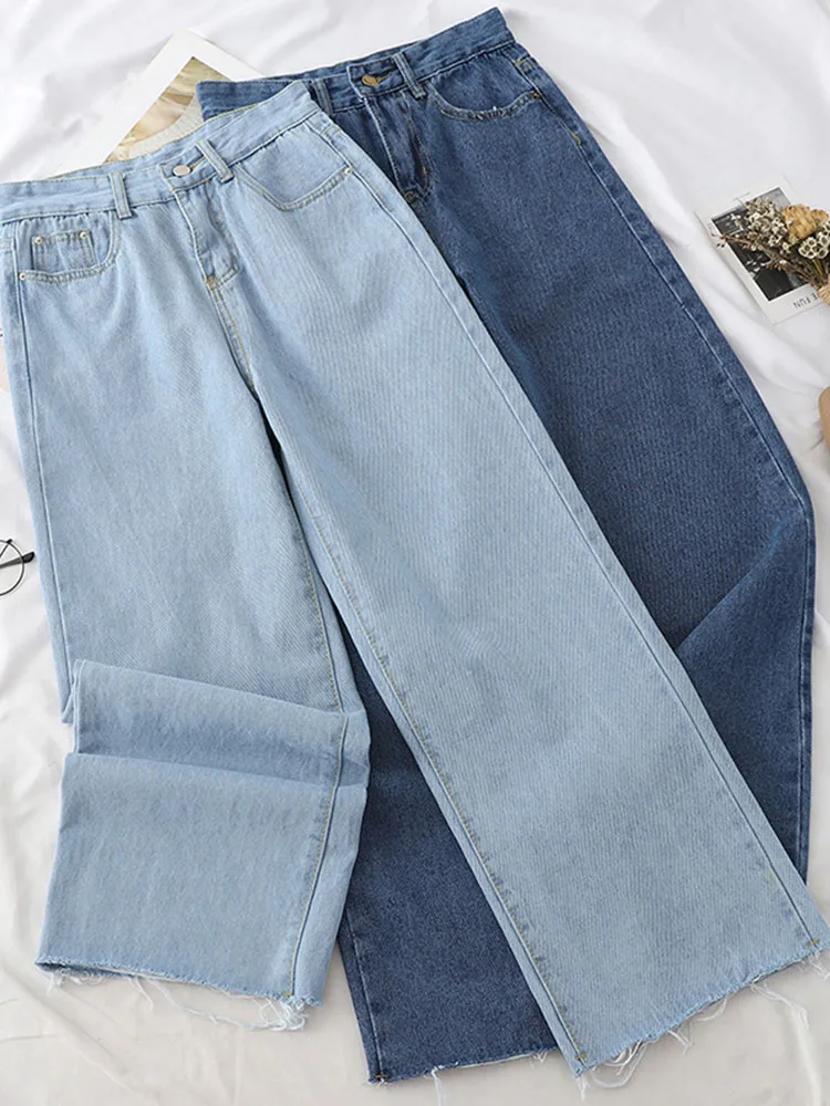 

Women Denim Pants 2022 New High Waist Straight Wide Leg Trousers Korean Version Loose Casual Solid Color All-Match Jean Pants
