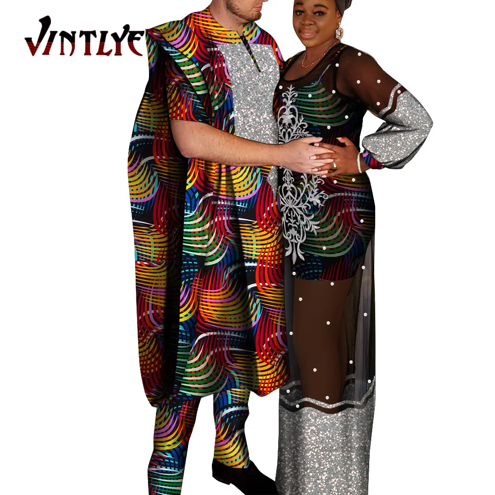 

African Couple Outfits Matching Sets Traditional Agbada Robe Suits for Men and African Dresses for Women Lovers Attire WYQ806