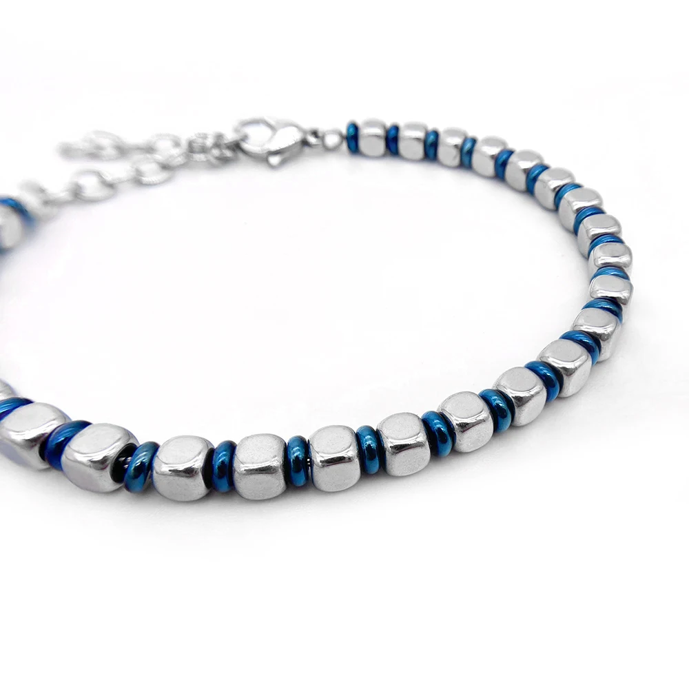 Runda Men's Stainless Steel Bracelet Beads with Blue Ring Adjustable Size 22cm Fashion Handmade Charm Bead Bracelet for Men