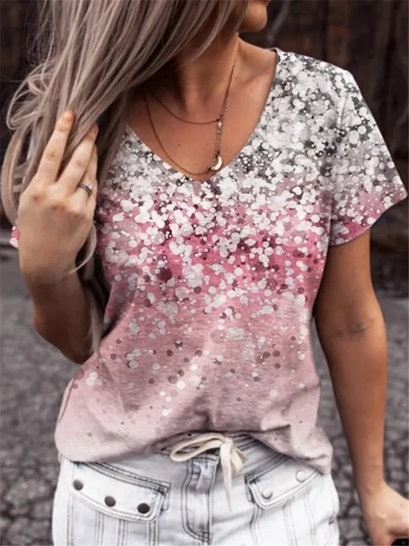 Summer Casual Tee Short Sleeve Women T-Shirts Flower Print Street Tops Female V-Neck Loose T-Shirt 5XL Size Top Pullover