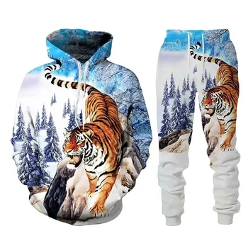 Felpe con cappuccio da uomo tuta con stampa 3D Animal Tiger tuta/pantaloni Casual Streetwear Pullover a maniche lunghe Oversize autunno inverno vendita calda 1