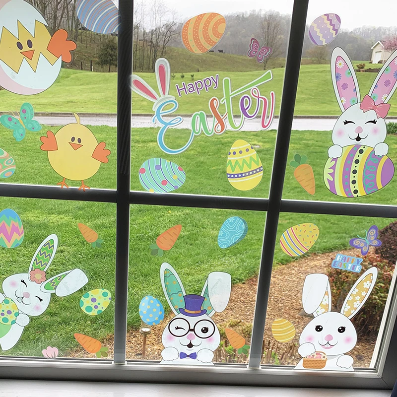 Autocollants muraux joyeux pâques, fenêtre électrostatique, lapin œufs  poussin, décor de fête de pâques pour la maison, décalcomanies en verre