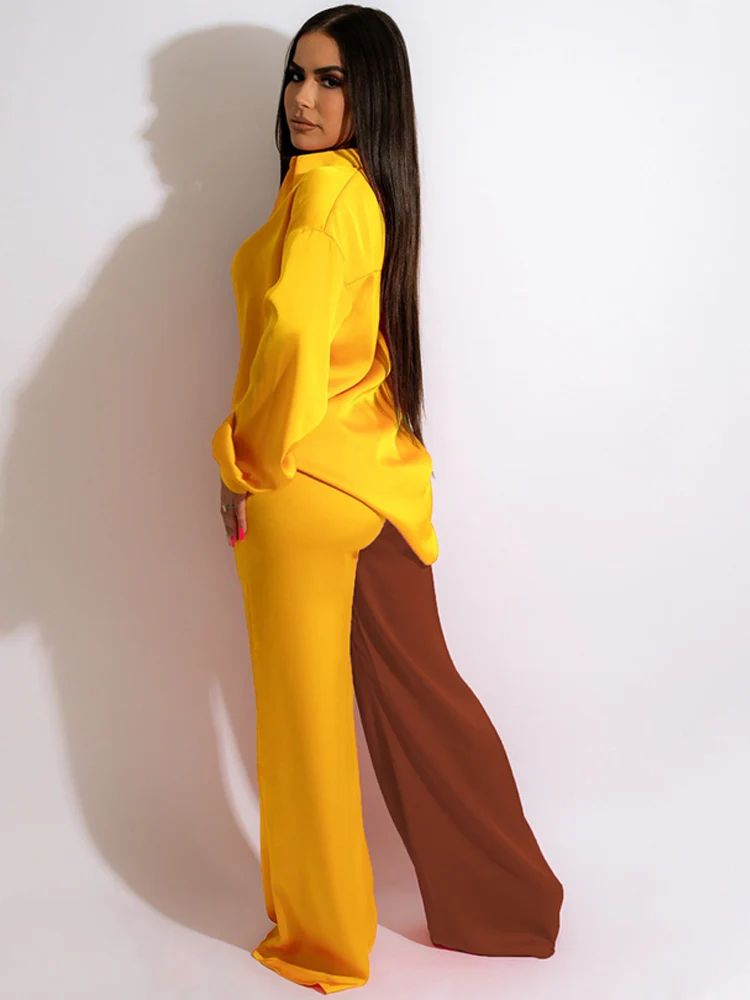 Satin Patchwork Casual Suit Women 2022 Autumn Lapel Long Sleeve Button  Shirt 2 Piece Set Female Loose Wide Leg Pants Sets Outfit - AliExpress