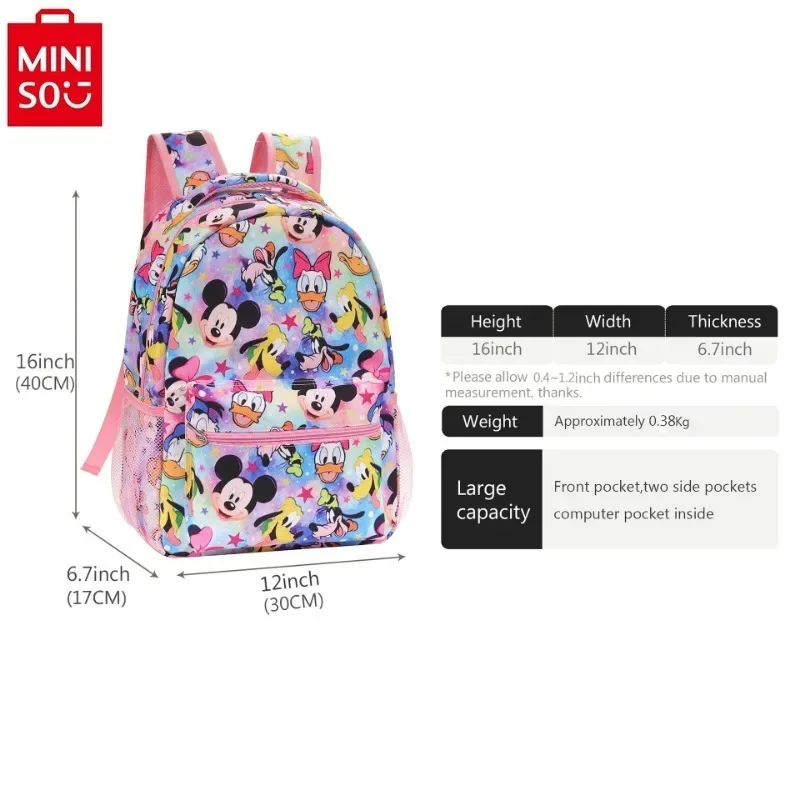 MINISO Disney Mickey Cartoon Print Large Capacity Backpack for Students High Quality Multi functional Three Piece Backpack