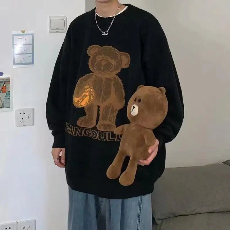 Autumn and Winter New Loose Fashion Little Bear Cartoon Couple Sweater Japanese Lazy Pullover Knit Soft and Comfortable Versatil