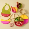 5PCS Baby Silicone Tableware Set Color Contrast Bib Suction Bowl Non-slip Plate Soft Spoon Fork Feeding Training Baby Dinner Set 3