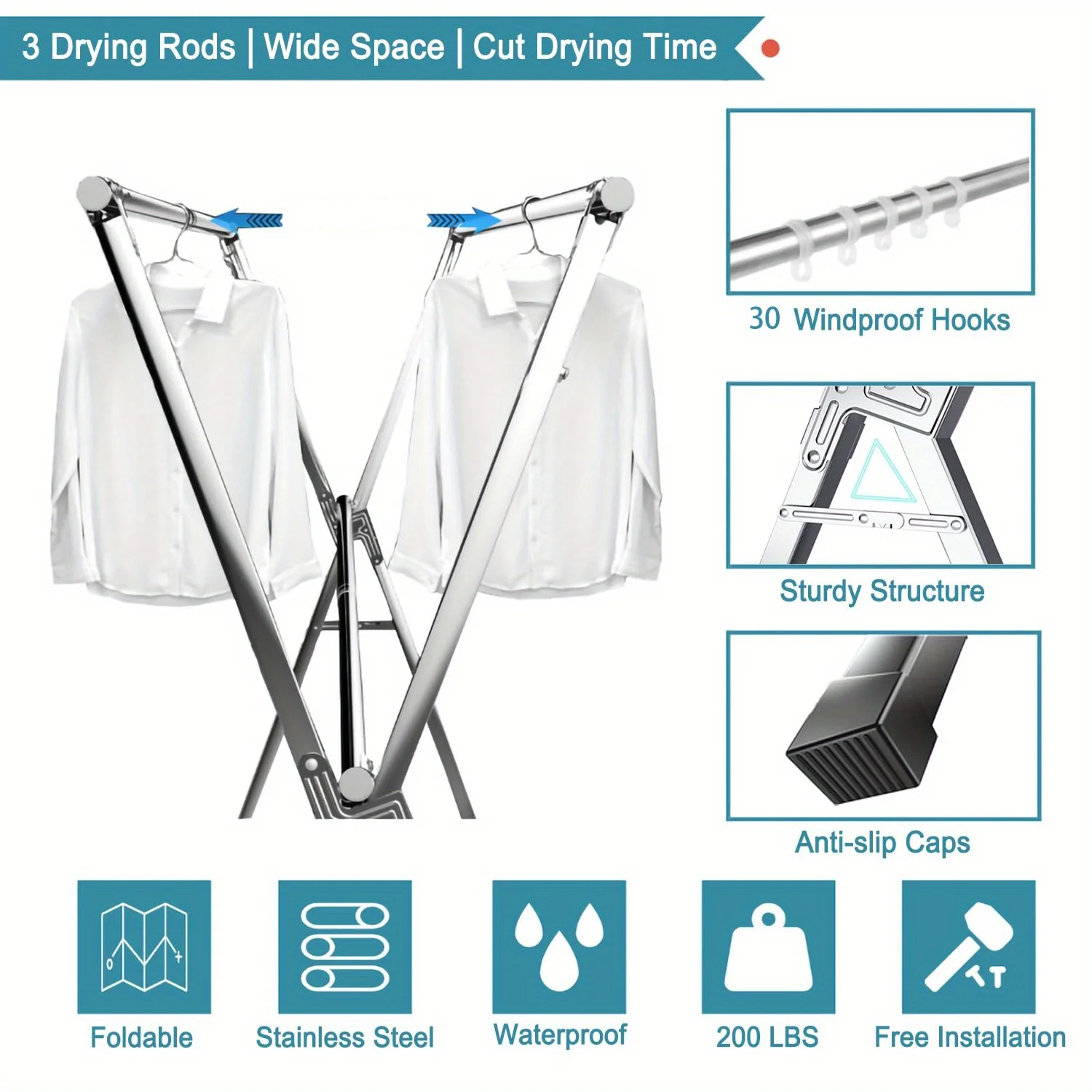 X-Shape Foldable Stainless Steel Drying Rack,Indoor Outdoor Universal Clothes Rack,Drying Clothes and Quilts,Storage Organizer 4