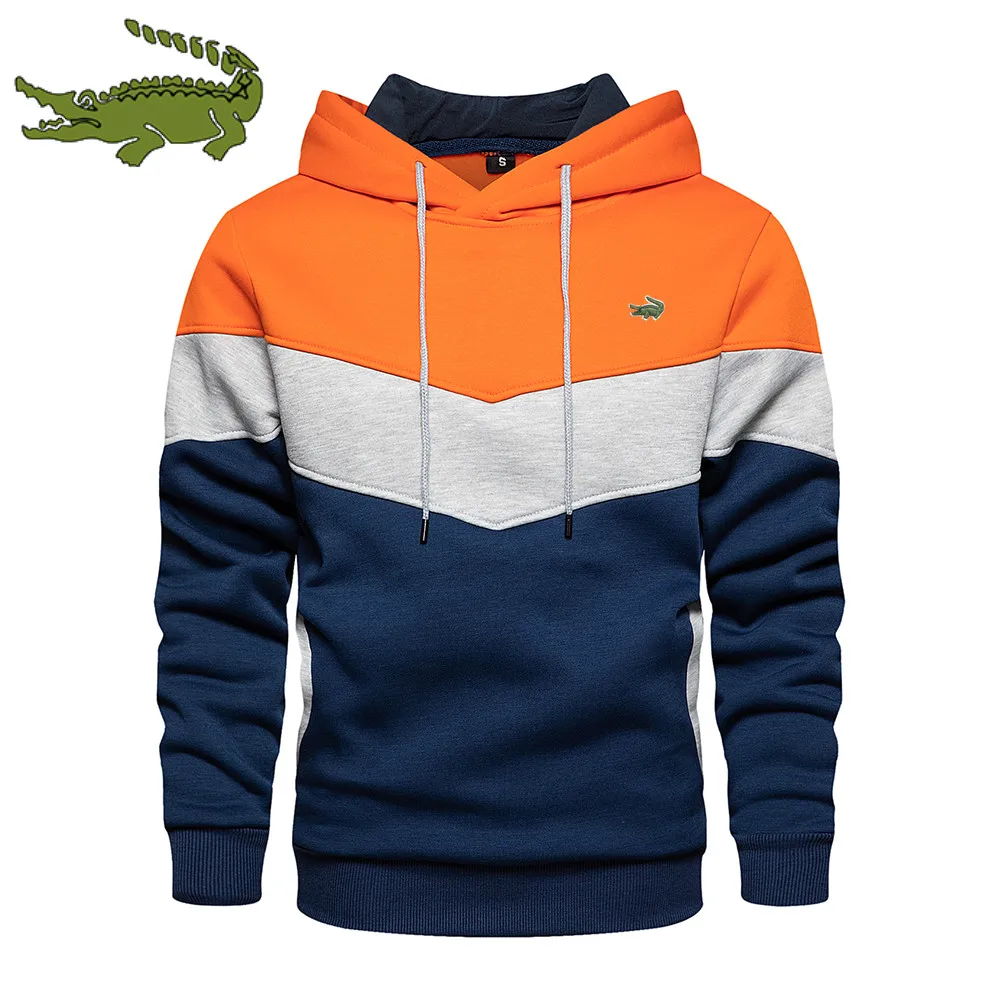 Trending Men Hoodies Splicing Pullover Autumn Winter Fleece Warm Long Sleeve Outwear Sweatshirts Casual Embroidered Sport Tops
