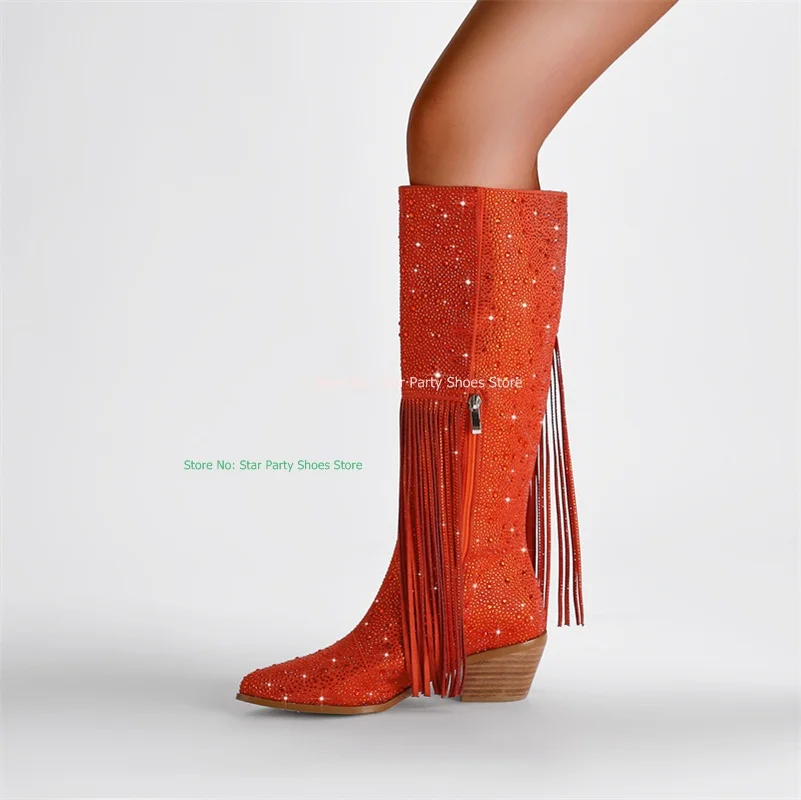 

Sexy Bling Rivet Diamond Women's Square High Heels Boots Pointed Toe Tassel Decoration Female Side Zipper Knee High Boots
