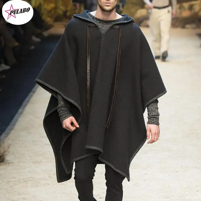 

Модная мужская накидка pulab y2k, шерстяные куртки с капюшоном, однотонная уличная одежда, осенне-зимнее пончо, Асимметричное пальто