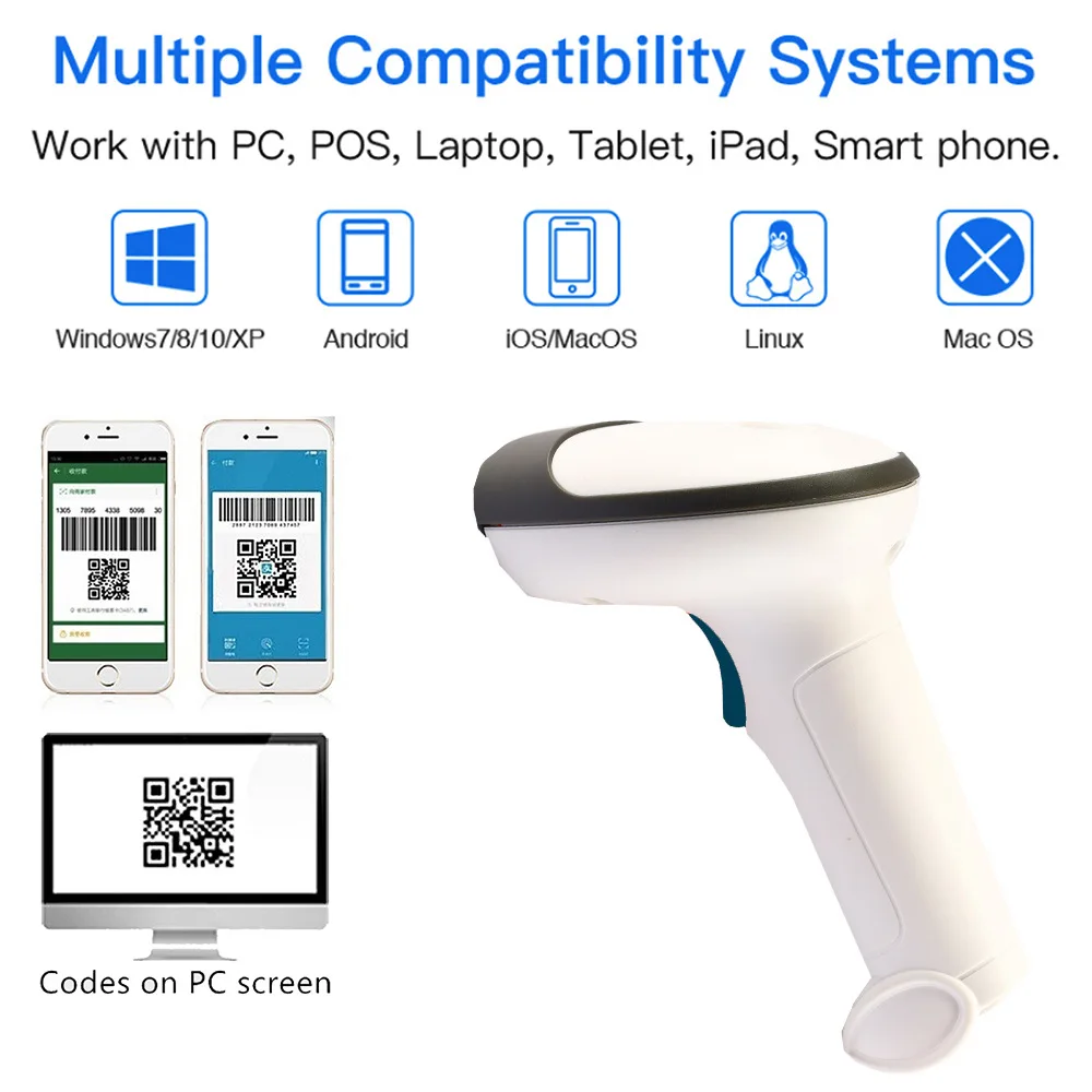 1D USB Laser Barcode Scanner To 2D Qr Handheld Bar Code Readers Scanning Tools Devices For Store Supermarket Library Warehouse
