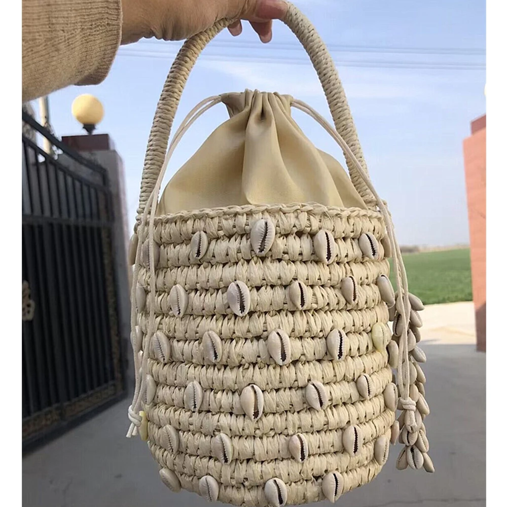 

Соломенная Сумка-мешок ручной работы, плетеные пляжные сумки из ракушек, роскошные дизайнерские сумки из ротанга для женщин, летняя сумка-тоут, шикарные кошельки