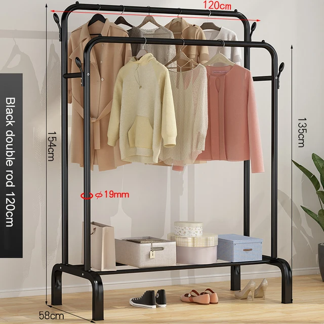 Garment Rack Floor Standing Clothes Hanger Double Pole Coat Rack Wardrobe Clothing Drying Rack Mobile Cloth Rail Home Furniture B Double rod 120cm