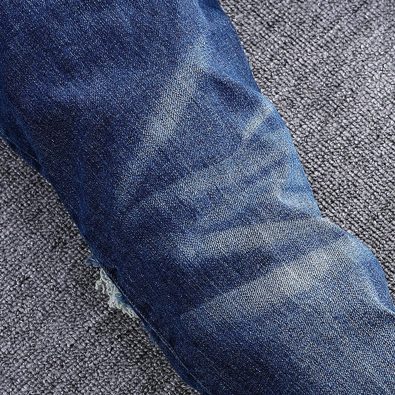 High Street Fashion Men Jeans Retro Blue Stretch Skinny Fit Ripped Jeans Men Orange Leather Patched Designer Hip Hop Brand Pants