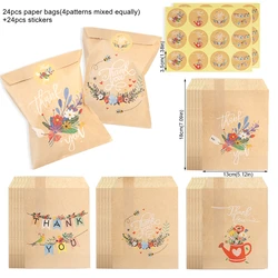 Charming Rainbow Dino & Retro Flower Kraft Gift Pouches - 24 Sets for Other (24Sets Flower TY)
