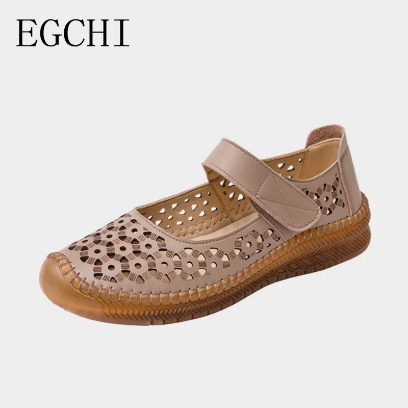 

Egchi Genuine Leather Ladies Flat Summer Shoes Woman Slip On Casual Loafers Hollow Out Round Toe Soft Comfort Sandals Female