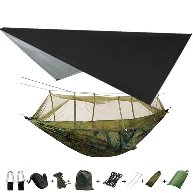 Lightweight Portable Camping Hammock and Tent Awning Rain Fly Tarp Waterproof Mosquito Net Hammock Canopy 210T Nylon Hammocks Black and Camouflage