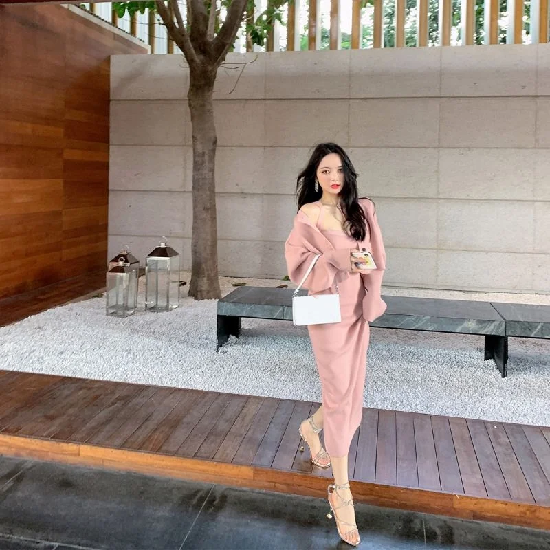 Spring Autumn Korean Fashion Elegant Waist Strap Mid Length Dress Outfits Women's Lazy Style Knitted Coat Two Piece Set