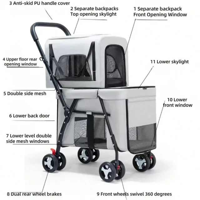 Double Pet Stroller for 2 Small Dogs or Cats Lightweight Foldable Double Cat Stroller with Detachable Carrier Strolling Cart 2