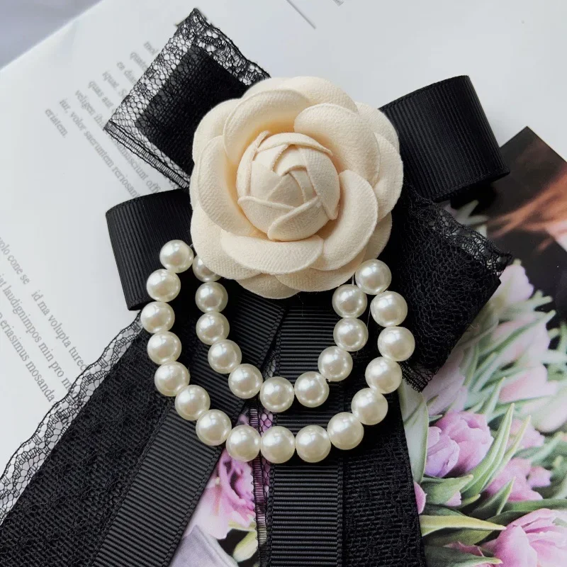 Bow Tie Women's Bow Tie Brooch White Camellia Pearl Chain Lace Ribbon Handmade Jewelry Korean College Style