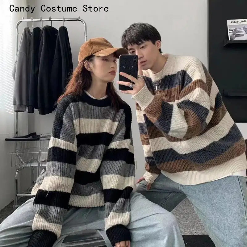 Knitted Couple Outfit Korea Japan Style Striped Sweater Male O-Neck Pullovers Sweater for Men Loose Casual Sweater Oversize