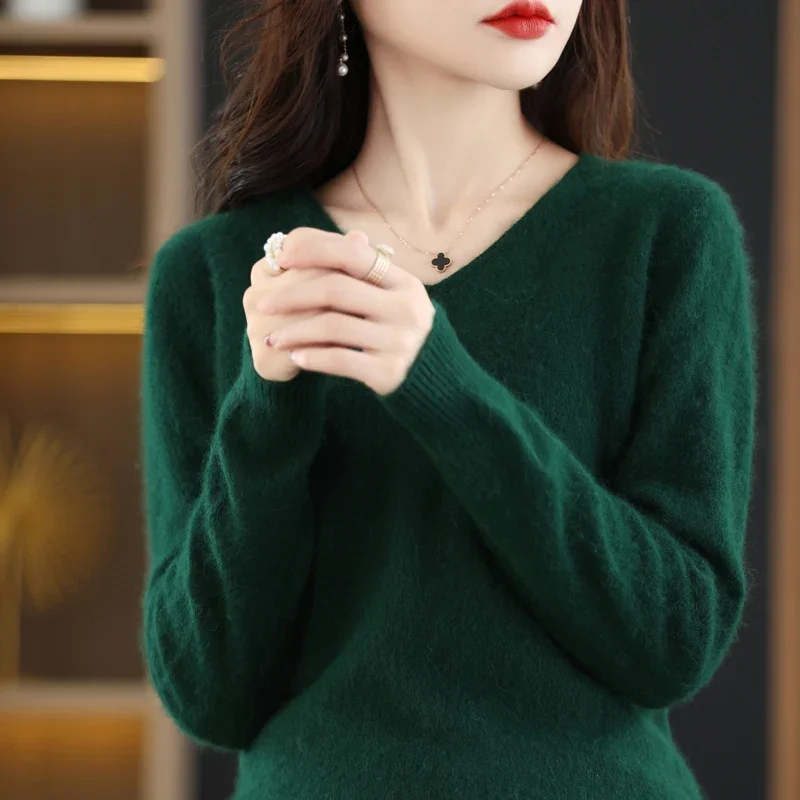 

RONGNI Women's Flat V-neck Mink Cashmere Sweater New Autumn/winter 2023 Knitted Loose Pullover Commuter Basic Knit Top