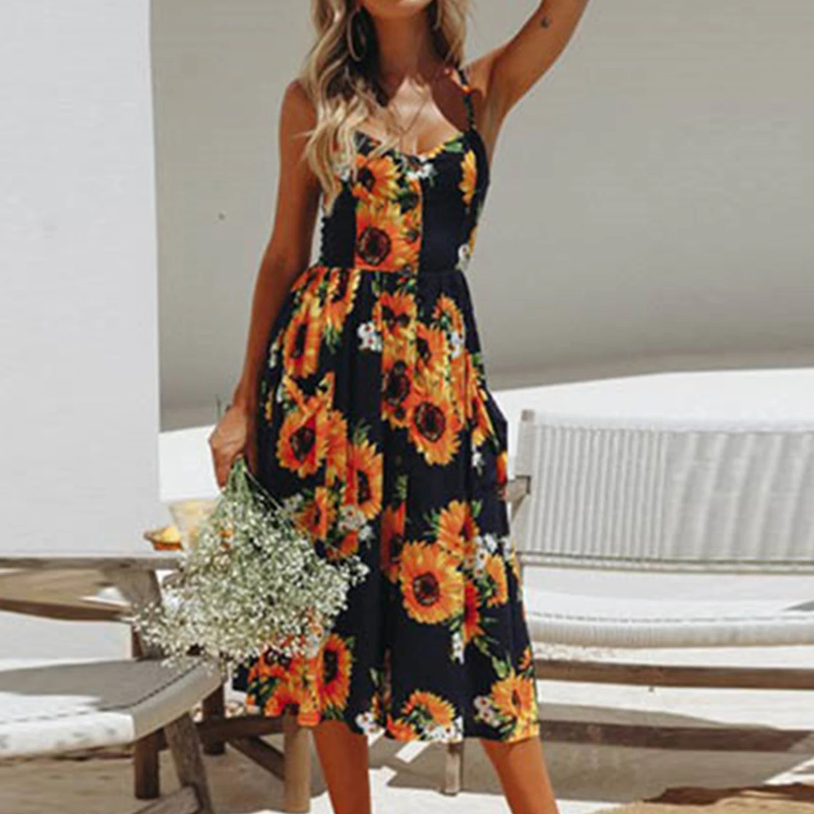 

Women Bodycon Midi Dress Daisy Printed Ladies Sleeveless Dress Backless Loose Fit Single Breasted Boho Style Vacation Outfit