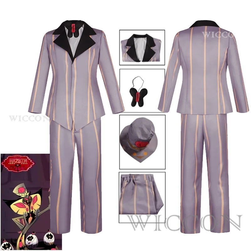 

Anime Hazzbin Cosplay Sir Pentious Striped Suit Outfit TV Devil Sir Pentious Gentleman Costumes With Hat Neutral Halloween Set