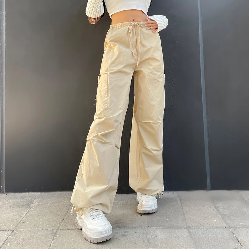 Weekeep Light Khaki Cargo Pants Streetwear 100% Cotton Big Pocket Patchwork Casual Pants Drawstring Low Waist Baggy Trouser Lady