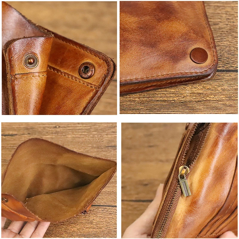 2023 Original Leather Wallet for Men Wrinkled Leather Short Bifold Men's Purse Classic Card Holder Wallet with Zip Coin Pocket