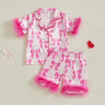 Children s Girls Pajama Set Lobster Polka Dot Print Short Sleeve Top with Elastic Waist Shorts Sleepwear for Kids 3