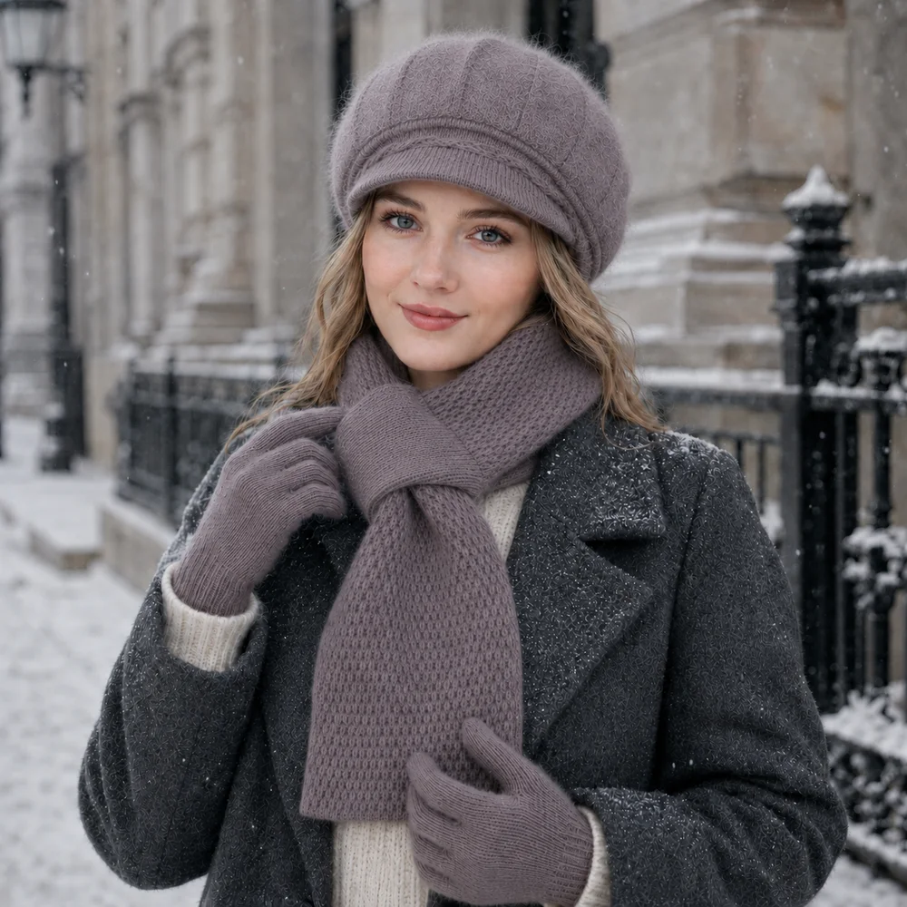 3-Piece Women’s Winter Hat Scarf Gloves Set, Fuzzy Visor Cap & Pull-Through Neck Warmer, Warm Knit Cold Weather Accessories