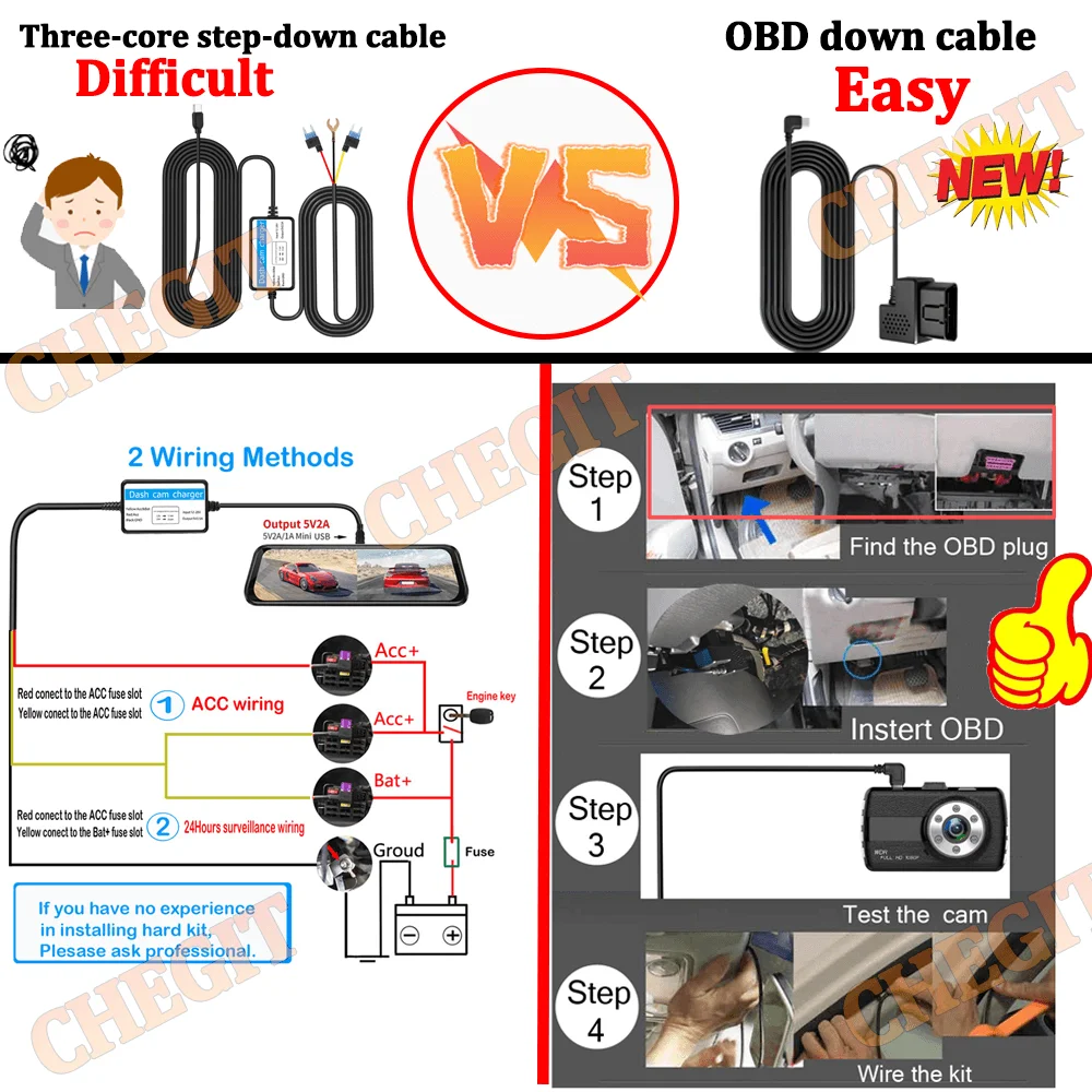 OBD-Hardwire-Kit Typ C-Anschluss/Micro-USB-Anschluss/Mini-USB für kompatibel mit 98 % des Auto-Dash-Cam-Kabel-Ladegeräts, 24-Stunden-Parkmonitors – Detail 1