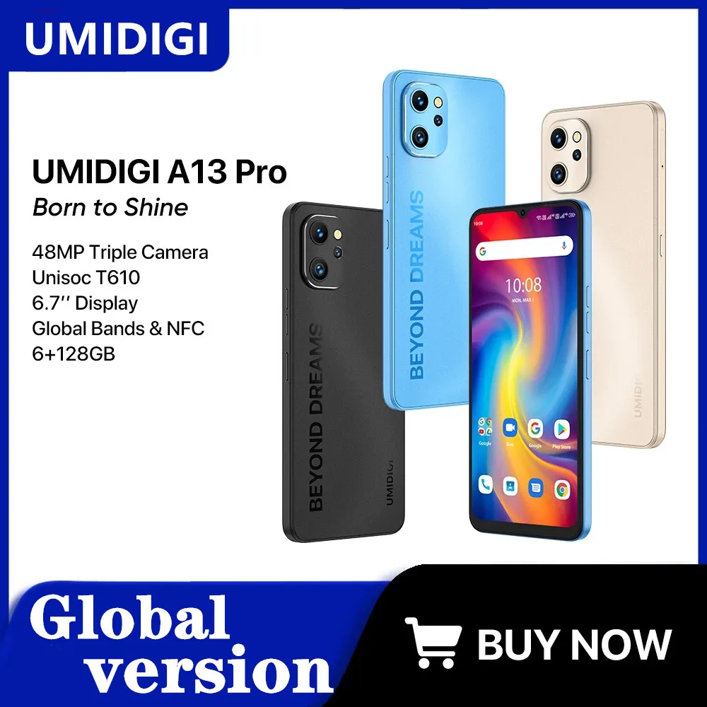 

Global Version UMIDIGI A13 Pro Android 12 Smartphone NFC 48MP AI Triple Camera 6GB 128GB 6.7" Full Display 5150mAh Cellphone