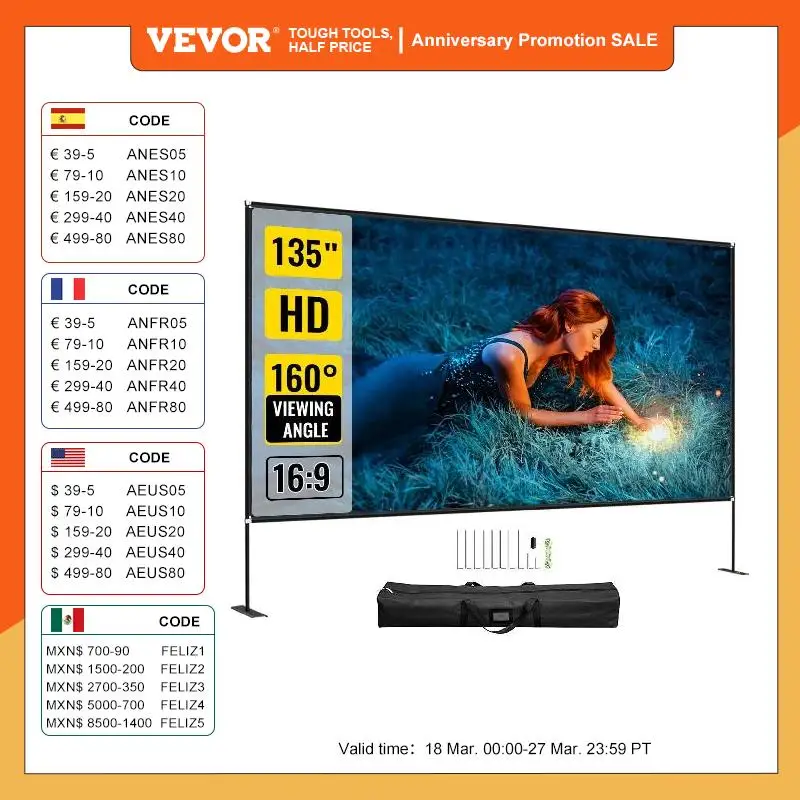 

VEVOR 90 100 135 дюймовый экран проектора с подставкой 16:9 4K HD широкоугольный с сумкой для хранения портативный Экран для кинотеатра для улицы