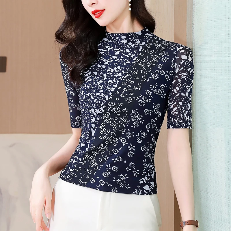

Women's Short Sleeved T-Shirt, Blue Clothes, Printed Patchwork, Vintage Mesh Tops, Summer Fashion, New, M-4XL, 2023