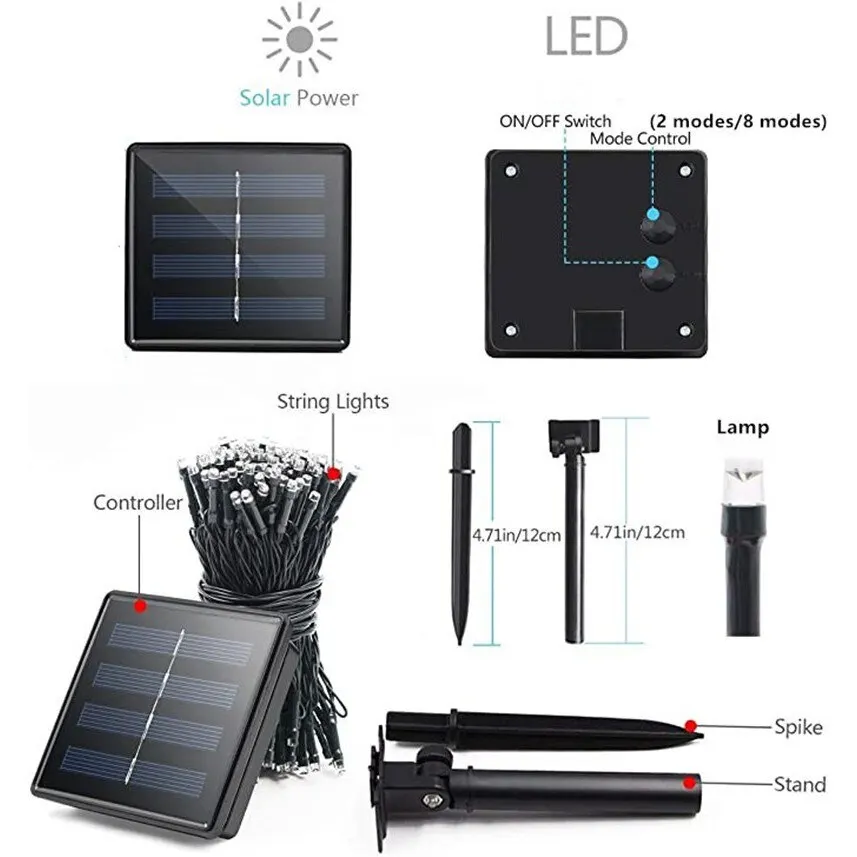 태양열 크리스마스 LED 요정 조명 방수 8가지 모드 7M 12M 22M 32M 스트링 램프 야외 장식