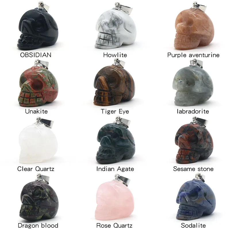 Natural Stone Opal Rose Quartz Tiger's Eye Crystal  Skull Pendants Charms for Diy Keyring Necklace Jewelry Making