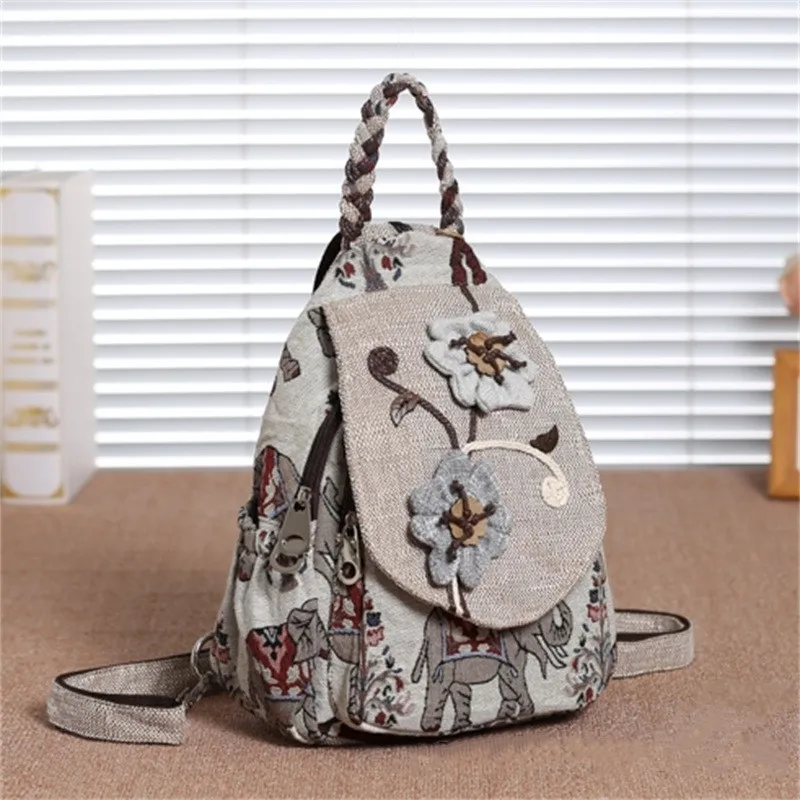Ethnic Stye Womens Backpacks Double Layer Canvas Clothe Bags Lightweight Embroidery Print Travel Backpacks For Friends Gift 2