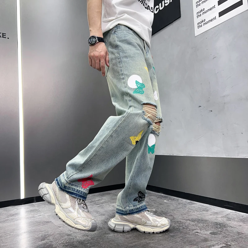 Y2K Washed American Butterfly Printed Jeans Men's Ripped Trendy High-End Korean StyleinsLoose Straight Wide Leg Mop Trousers