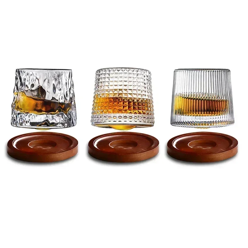 160ML novelty rotatable whiskey glass cup barware old fashioned wine glass with wooden base for Liquor Scotch Bourbon whiskey glass