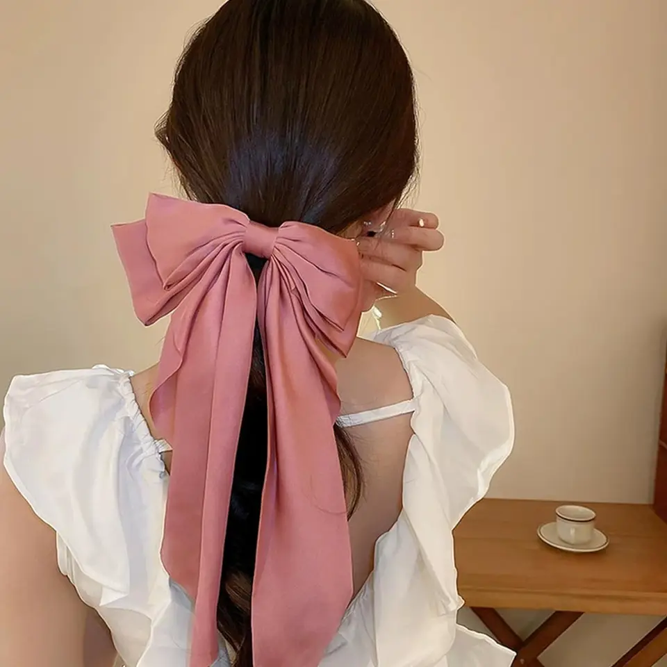 SXQLYH Fermaglio per capelli da donna, in raso, francese, grande fiocco, per capelli, da donna, con fiocco francese, per ballerina, elegante accessorio per capelli in raso (rosa