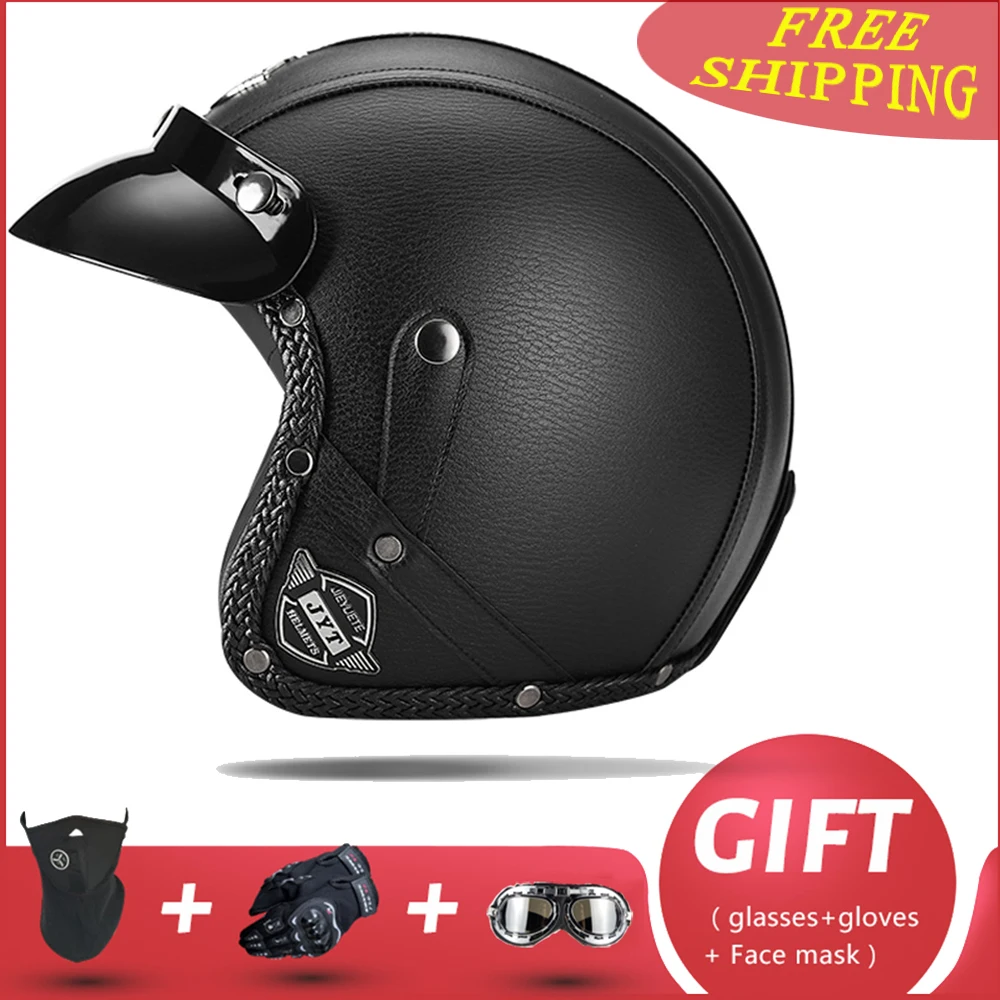 

Vintage Leather Open Face Motorcycle Helmet Retro Chopper Casco Moto Vespa Motorbike Casque Capacete De Moto Masculino DOT ECE