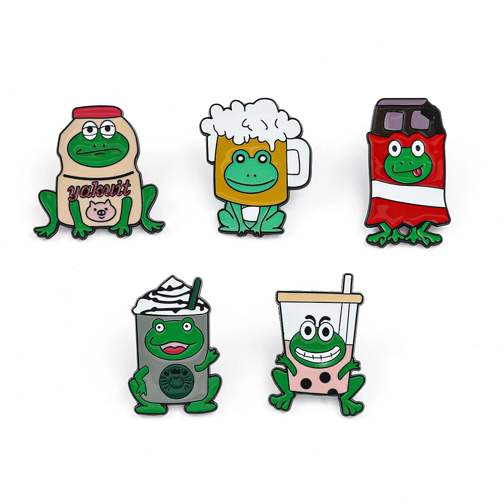 

Cartoon Creative Funny Frog Brooch Frog Milk Tea Drink Metal Alloy Enamel Lapel Pin Accessories Gifts