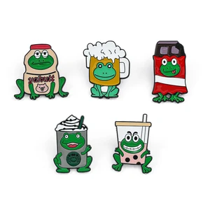 Cartoon Creative Funny Frog Brooch Frog Milk Tea Drink Metal Alloy Enamel Lapel Pin Accessories Gifts